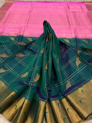 KSC - Peacock Green with Baby Pink Kattam Paithani