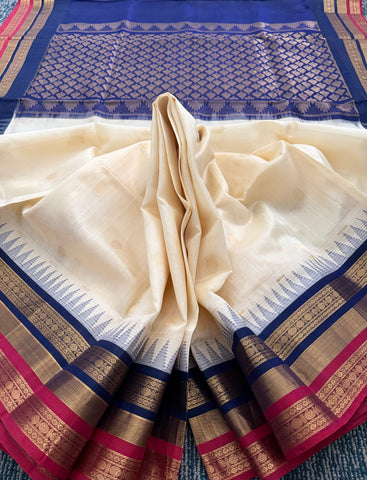 KSC - Double shaded Golden Venn Pattu with Deep Navy Blue Korvai