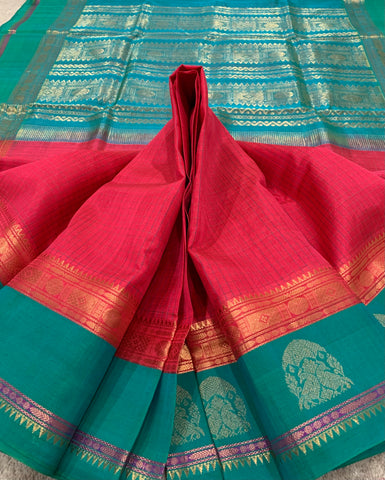 KSC - Double shaded Coral Red with Sea Green Kattam Korvai