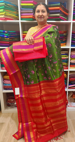 PKSC - Army Green/Chilli Red Kalamkari Prints Korvai