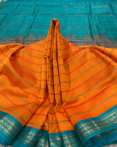 KSC - Double shaded Kesar Mango Orange with Sea Blue Korvai Veldaari