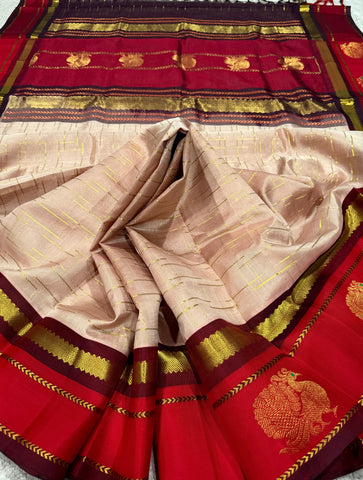 KSC - Double shaded Wheatish Beige with Arakku Red Korvai