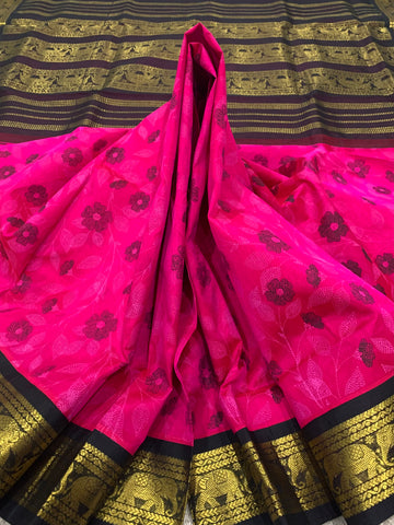 KSC - Pattu Rose/Black Kalamkari Prints Korvai