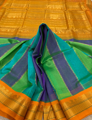 KSC - Parrot Green/Sea Blue/Lavender with Mustard Yellow Korvai