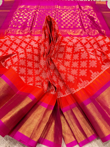 KSC - Deep Fanta Orange with Rani Pink Kolam Korvai