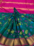 KSC -  Double shaded Peacock Green with Pink Kalamkari Prints