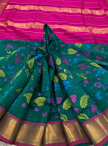 KSC -  Double shaded Peacock Green with Pink Kalamkari Prints