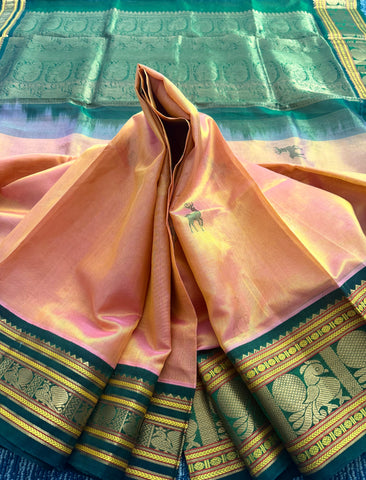 KSC - Double shaded Peach with Emerald Green Korvai