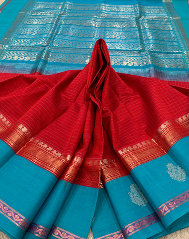 KSC - Double shaded Tomato Red with Blue Kattam Korvai