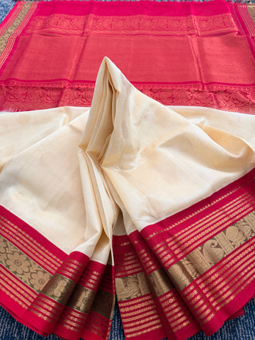 KSC - Double shaded Ivory Beige with Chilli Red Korvai