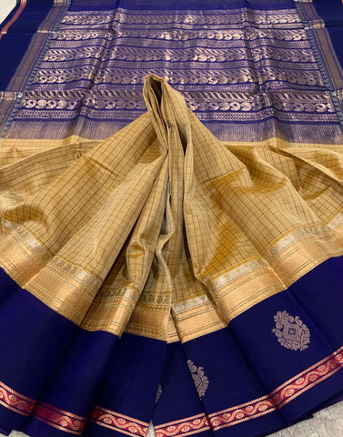 KSC - Double shaded Golden Sandalwood Beige with Midnight Blue Kattam Korvai
