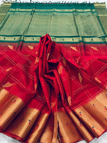 KSC - Chilli Red with Emerald Green Paithani